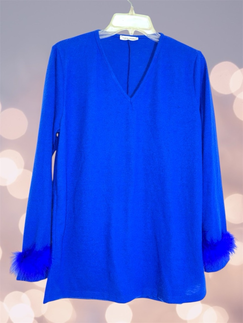 Carole Christian Vibrant Blue Fuzzy V-Neck Pull Over Top with Fur Cuffs S